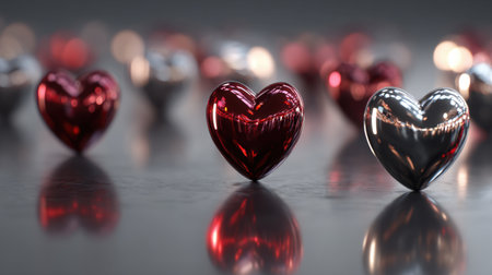 A captivating arrangement of shiny red and silver hearts set against a softly blurred background creates a romantic ambiance, perfect for various love and celebration themes.の素材