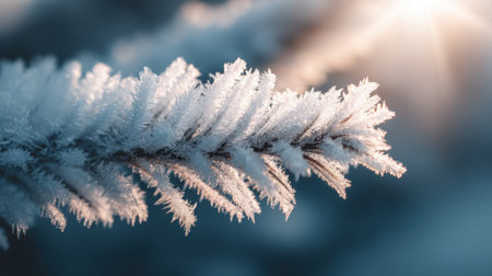 A detailed close-up of a frosty pine branch illuminated by gentle winter sunlight, showcasing the intricate textures of ice and the serene beauty of the season.の素材