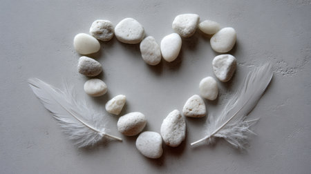 This image features a heart shape artfully arranged with white stones and soft feathers, set against a subtle grey background. Perfect for nature-inspired themes.の素材