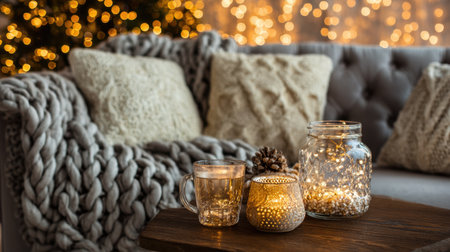 A cozy living room scene featuring elegant textiles, warm fairy lights, and inviting decor, perfect for creating a tranquil atmosphere during winter and holiday celebrations.の素材