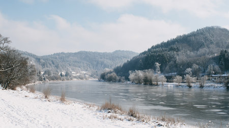 A tranquil winter landscape featuring a snow-covered river bordered by frosty trees, under a serene blue sky and distant mountains, offering a peaceful escape.の素材