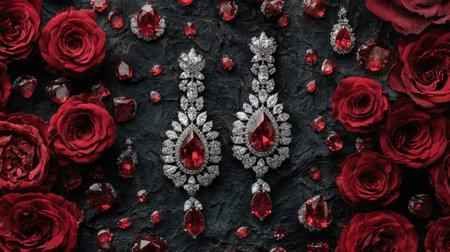A stunning display of elegant red gemstone earrings elegantly arranged among vibrant red roses and glittering gems, evoking luxury and romance in perfect harmony.の素材