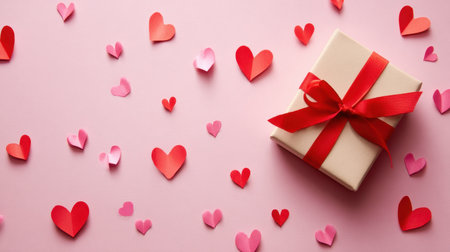 A beautifully wrapped gift box adorned with a red ribbon, surrounded by an array of colorful paper hearts, creating a charming atmosphere perfect for love-themed events.の素材