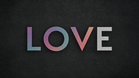 Vibrant typography art displaying the word love in a gradient of colors on a dark background. Perfect for modern designs, promotional materials, and expressive artwork.の素材