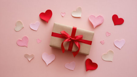 A beautifully wrapped gift box with a red ribbon is surrounded by colorful paper hearts on a soft pink background, ideal for representing love and celebration.の素材