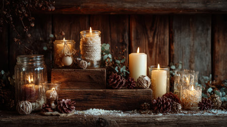 This warm and inviting arrangement of candles and natural elements creates a serene atmosphere perfect for relaxation or festive occasions in a rustic setting.の素材