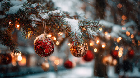 A beautiful winter scene featuring snow-covered tree branches with vibrant ornaments and twinkling lights, creating a serene and festive atmosphere for the holiday season.の素材