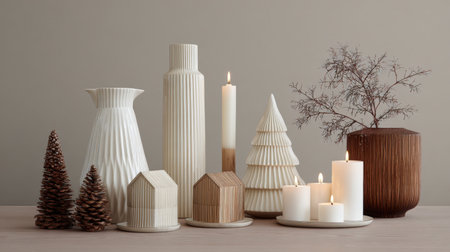 Discover a serene arrangement featuring creamy decor elements, candles, and nature-inspired touches, creating a tranquil and stylish atmosphere perfect for any space.の素材