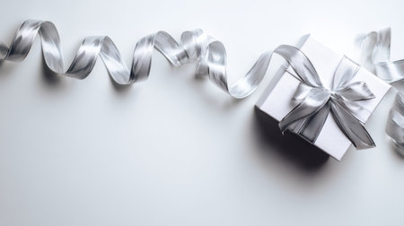 A beautifully wrapped gift box adorned with a shiny silver ribbon, set against a clean white background, showcasing elegance and simplicity for any occasion.の素材