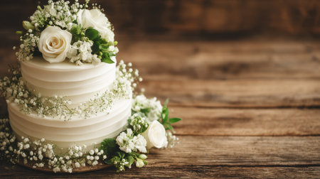 This stunning white wedding cake is adorned with fresh flowers and set against a rustic wooden background, perfect for bridal celebrations and unforgettable moments.の素材