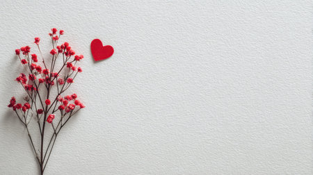 A charming composition featuring delicate pink flowers alongside a bold red heart on a soft background, perfect for conveying love and affection in designs.の素材