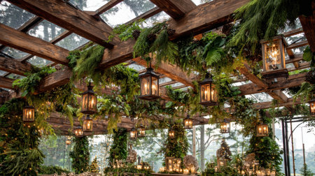 A stunning indoor garden space adorned with lush greenery and rustic wood elements, creating a warm and inviting atmosphere for any special occasion or event.の素材