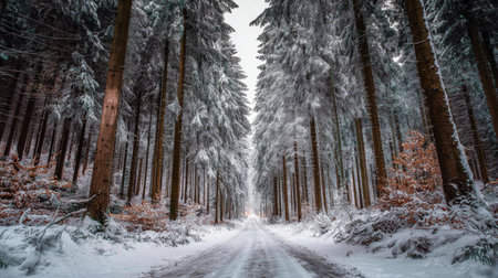 A tranquil winter scene showcasing a snow-covered forest with tall trees lining a quiet road. The peaceful atmosphere invites exploration and appreciation of nature's beauty.の素材