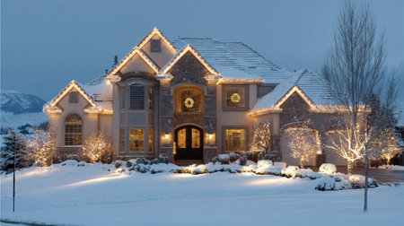 This stunning winter home showcases a beautiful exterior adorned with festive lights, surrounded by snow, offering a serene and inviting holiday atmosphere.の素材
