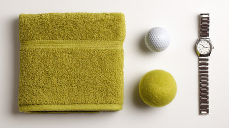 A vibrant green towel, golf ball, tennis ball, and a sleek silver watch are arranged artistically on a light background, capturing the essence of leisure and sports activities.の素材