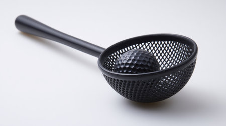 A black mesh strainer spoon holds a golf ball against a clean white background. This image embodies a blend of culinary and sports themes, perfect for creative projects.の素材