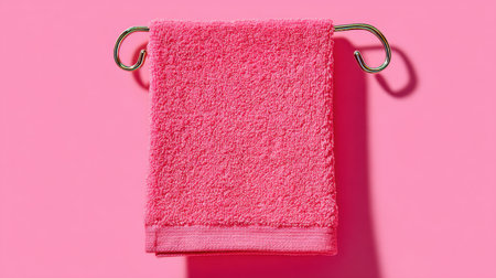 A vibrant pink towel gracefully hangs from a sleek rack against a lively pink background, perfect for modern bathroom aesthetics and fresh home decor ideas.の素材