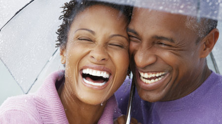 A joyful couple is sharing a heartfelt moment under an umbrella in the rain. Their genuine laughter and warm smiles capture the essence of love and connection.の素材