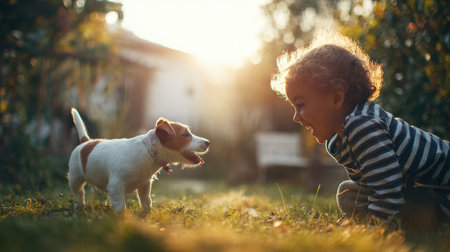 A heartwarming scene of a child interacting playfully with a puppy in a sunny outdoor setting, capturing the essence of friendship, innocence, and joy in nature.の素材