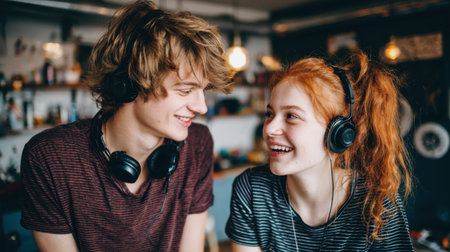 A young couple shares a happy moment in a cozy indoor space, enjoying music together through their headphones, radiating joy and laughter in their connection.の素材