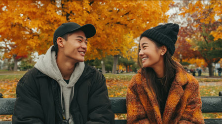 A joyful couple shares a cheerful moment in a picturesque autumn park, surrounded by vibrant leaves. Their smiling faces reflect warmth and connection.の素材
