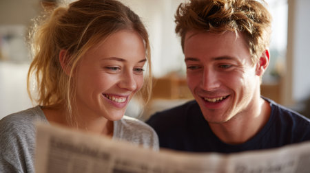 A young couple shares a joyful moment while reading a newspaper over morning coffee in a bright, cozy indoor setting, showcasing connection and happiness.の素材