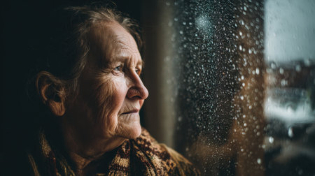 An elderly woman sits by the window on a rainy day, lost in thought. The gentle rain blurs her view, symbolizing memories and life experiences. A serene moment captured.の素材
