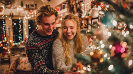 A young couple shares a joyful moment while decorating their Christmas tree in a cozy room filled with twinkling lights, capturing the essence of holiday spirit and togetherness.の素材