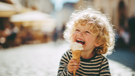 A joyful child with curly hair smiles brightly while savoring an ice cream cone outdoors. The warm sun and scenic background create a delightful atmosphere of childhood bliss.の素材