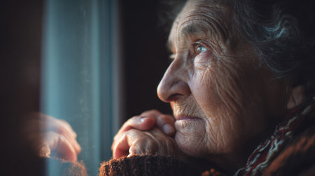 An elderly woman reflects on life as she gazes out of a window, capturing a moment of deep thought and emotion while enveloped in soft, warm light.の素材