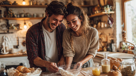 A joyful couple shares a moment in a cozy kitchen, laughing as they bake together. Flour and ingredients surround them, capturing the essence of love and partnership.の素材