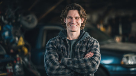 A confident young man wearing a plaid shirt stands proudly in a workshop, surrounded by tools and machinery, exuding professionalism and passion for auto repair.の素材