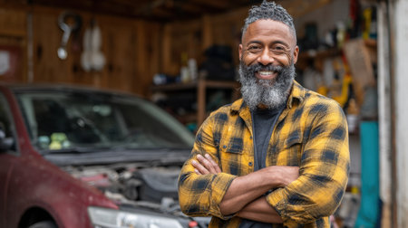 A cheerful mechanic stands confidently in a garage, showcasing his passion for automotive work. His warm smile and casual attire reflect a love for his craft and community.の素材