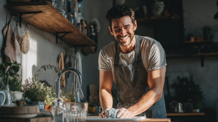 A cheerful man smiles while washing dishes in a well-lit kitchen, embodying the warmth of home cooking and the joy of everyday life activities.の素材