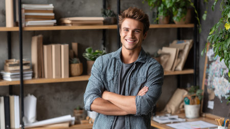 A young man stands confidently in a modern office filled with plants and shelves, radiating positivity and creativity in a unique workspace setting.の素材