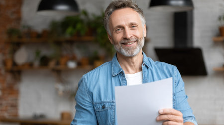 A cheerful man with a gray beard holds a sheet of paper in a cozy modern workspace, surrounded by plants and warm decor, exuding positivity and creativity.の素材