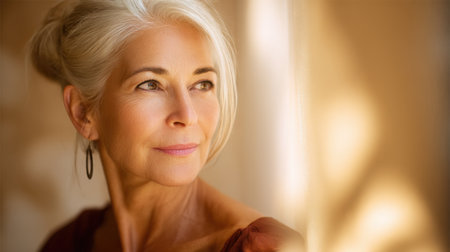 A mature woman with silver hair gazes thoughtfully out a window, highlighting her natural beauty and serene expression in warm, soft lighting and a cozy setting.の素材