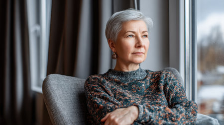 A senior woman with short gray hair gazes thoughtfully out the window, surrounded by a cozy living room. The natural light enhances the peaceful atmosphere of reflection.の素材