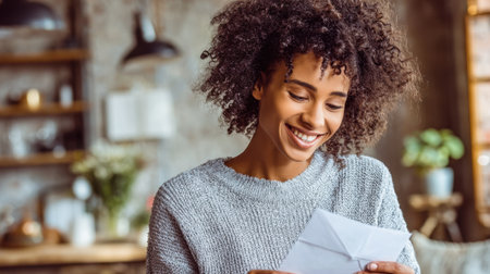 A young woman enjoys a heartfelt letter in a warm and cozy home setting. Natural light enhances her joyful expression, capturing a moment of connection and nostalgia.の素材