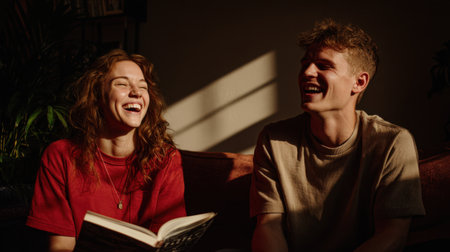 A heartwarming scene showcasing two friends laughing joyfully while sharing stories indoors, surrounded by soft sunlight that creates a cozy, intimate atmosphere.の素材