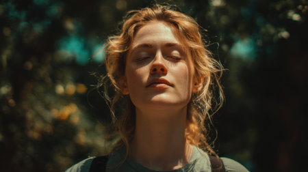 A serene young woman is meditating outdoors, surrounded by greenery and warm sunlight. Her eyes are closed as she embraces tranquility and peace in her natural surroundings.の素材