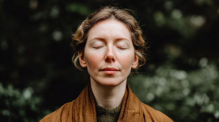A peaceful woman engages in meditation outdoors, eyes closed, embodying mindfulness and tranquility. The lush backdrop enhances her calm, creating a serene atmosphere.の素材