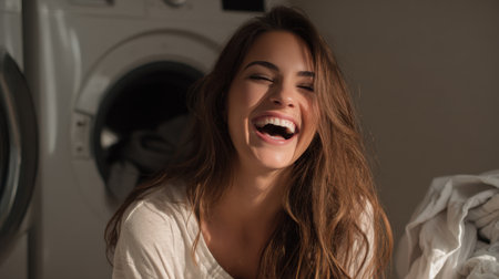 A cheerful young woman captures a joyful moment in her cozy laundry room, laughing brightly while enjoying a carefree day at home, radiating happiness and warmth.の素材