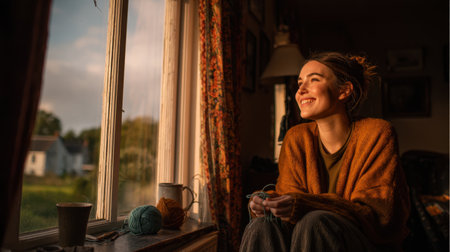 A joyful woman relaxes by the window in warm morning light. She enjoys a peaceful moment while holding yarn, embodying comfort and tranquility in her cozy home.の素材