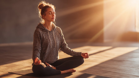 A young woman sits in a meditative pose, channeling inner peace and tranquility in a sunlit room. This image captures the essence of mindfulness and relaxation.の素材