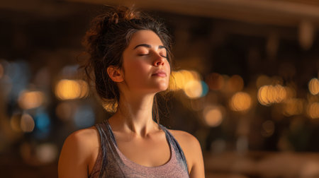 A serene young woman engages in mindfulness and meditation in a beautifully lit indoor space, embracing calmness while seeking inner peace and personal growth.の素材