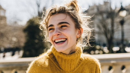 A joyful young woman wearing a soft yellow sweater is smiling brightly in an outdoor setting. The vibrant atmosphere and blurred background add to the cheerful mood.の素材