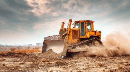 A powerful yellow bulldozer is actively engaged in earthmoving, creating dust under a cloudy sky at a construction site, showcasing heavy machinery in action.の素材