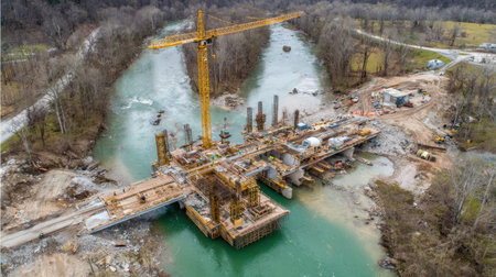 An aerial perspective of a construction site reveals a crane working over a river, showcasing machinery and the natural surroundings, reflecting development and progress.の素材
