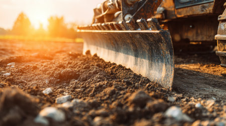 A close-up view of heavy machinery blade cutting through rich soil at sunrise, reflecting the beauty of outdoor work in agriculture and construction environments.の素材